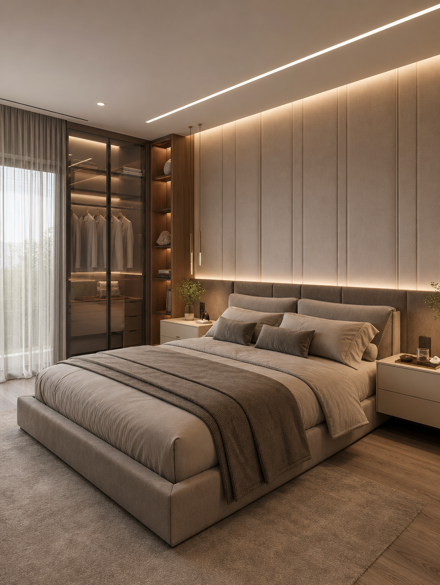 Suíte com cama estofada e closet planejado com portas de vidro e iluminação interna