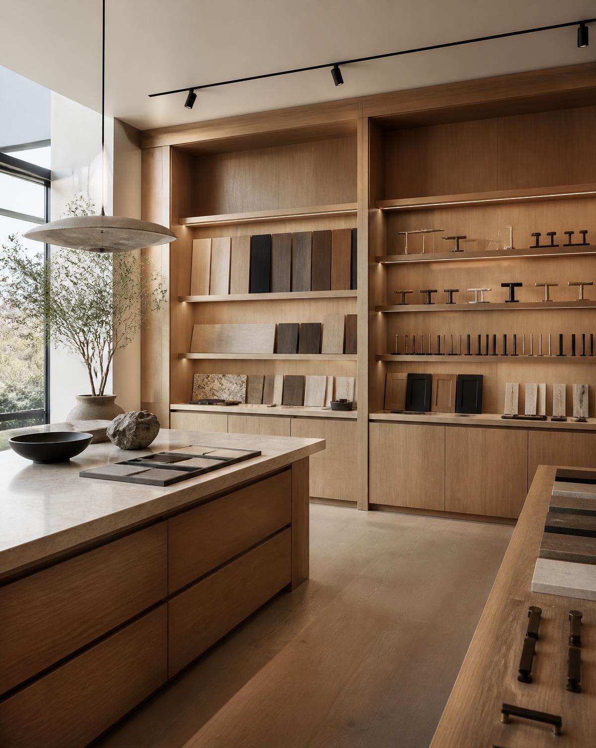 Showroom Coraggio em Ribeirão Preto com amostras de acabamentos e ferragens